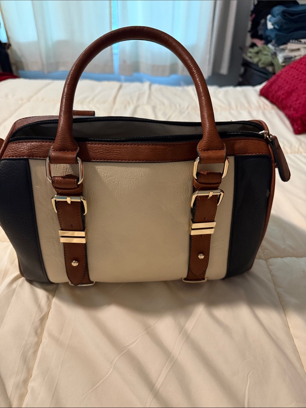 Call It Spring Tri-Color Satchel in Cream, Brown & Black